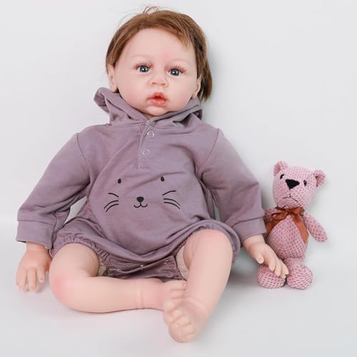 RUNGQIANY Realistische Baby-Puppe mit Plüschtier, Lila Outfit mit Katzengesicht, 30 cm von RUNGQIANY