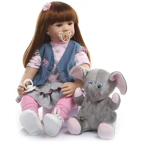 22 Zoll 55 CM Realistische Puppe Plüschelefant, Braunes Haar, Kleidung in Rosa und Blau Lebensecht Neugeborene Mädchenpuppen Kuschelkörper Silikon Baby Puppen Wie Echt Babypuppe Reborn Baby Mädchen von RUNGQIANY