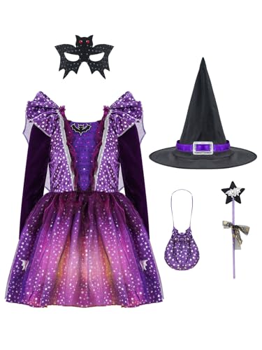 RUNQHUI 4Pcs Kinder Mädchen Hexe Kostüm Outfit Langarm Sterne gedruckt Kleid mit Hut Zauberstab Süßigkeiten Tasche Set Halloween Fasching Party Lila mit Lichtern 110-116 von RUNQHUI