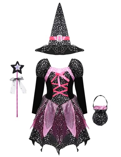 RUNQHUI 4Pcs Kinder Mädchen Hexe Kostüm Outfit Langarm Sterne gedruckt Kleid mit Hut Zauberstab Süßigkeiten Tasche Set Halloween Fasching Party Schwarz 104-110 von RUNQHUI