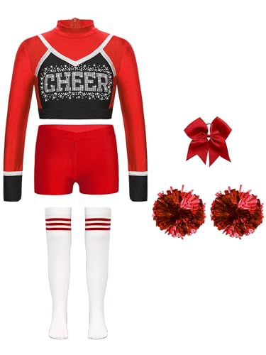 RUNQHUI 5er Set Kinder Mädchen Cheerleadering Outfit mit Pompoms Socken Crop Top Shorts und Kopfschmuck für Karneval Party Fasching Rot 122-128 von RUNQHUI