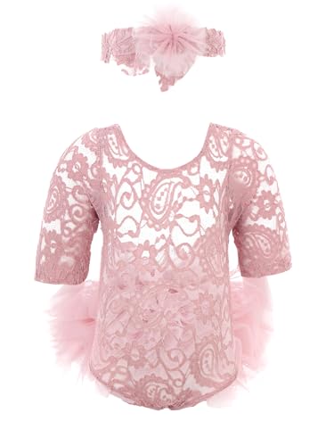 RUNQHUI Baby Mädchen Festlich Strampler Set mit Blumen Stirnband Spitze Langarm Body Neugeborene Prinzessin Taufkleid Fotoshooting Kleidung Set Rosa 50-56 von RUNQHUI