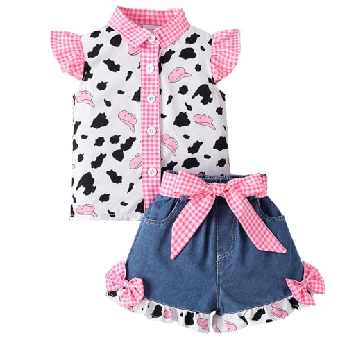 RUNQHUI Baby Mädchen Kleidung Set Neugeborenen Cowgirl Kostüm mit Kariertes Kurzarmhemd Kuhmuster Und Jeans Shorts Set Rosa Hut 92-98 RUNQHUI Baby Mädchen Kleidung Set Neugeborenen Cowgirl Kostüm mit Kariertes Kurzarmhemd Kuhmuster Und Jeans Shorts Set Rosa Hut 92-98 von RUNQHUI