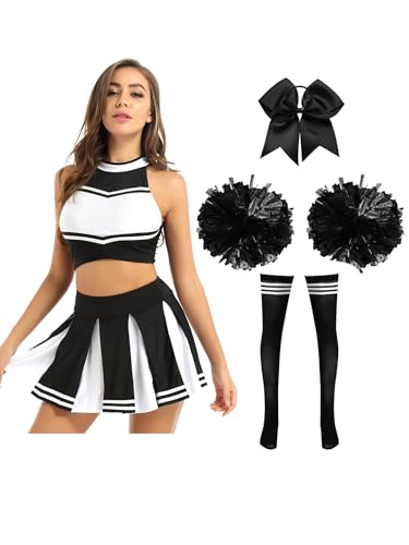 RUNQHUI Damen Cheer Leader Kostüm Cheerleadering Uniform mit Pompoms Bauchfrei Oberteil Rock Set Halloween Karneval Fasching Party Schwarz A L von RUNQHUI