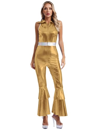 RUNQHUI Damen Disco Kostüm 70er Jahre Jumpsuit Ärmellos Metallic Overall Schlaghose Fasching Karneval Kostüm Disco Party Tanz Outfit Clubwear Gold 3XL von RUNQHUI