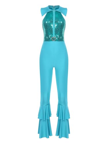 RUNQHUI Damen Kostüm Metallic Body 70er 80er Disco Outfit Glänzend Jumpsuit Schlager Retro Hippe Kostüm Halloween Faschingskostüme Blau Grün 4XL von RUNQHUI