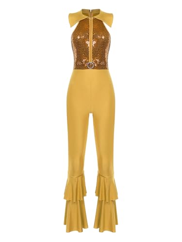 RUNQHUI Damen Kostüm Metallic Body 70er 80er Disco Outfit Glänzend Jumpsuit Schlager Retro Hippe Kostüm Halloween Faschingskostüme Gold 4XL von RUNQHUI