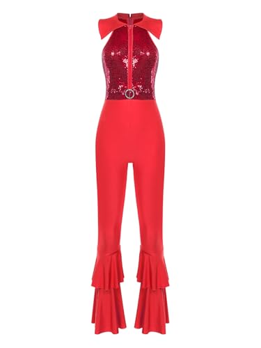 RUNQHUI Damen Kostüm Metallic Body 70er 80er Disco Outfit Glänzend Jumpsuit Schlager Retro Hippe Kostüm Halloween Faschingskostüme Rot M von RUNQHUI