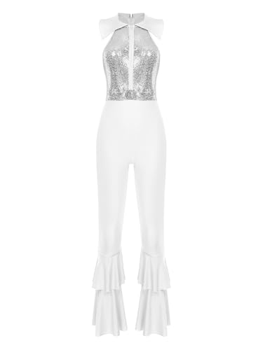 RUNQHUI Damen Kostüm Metallic Body 70er 80er Disco Outfit Glänzend Jumpsuit Schlager Retro Hippe Kostüm Halloween Faschingskostüme Silber L von RUNQHUI