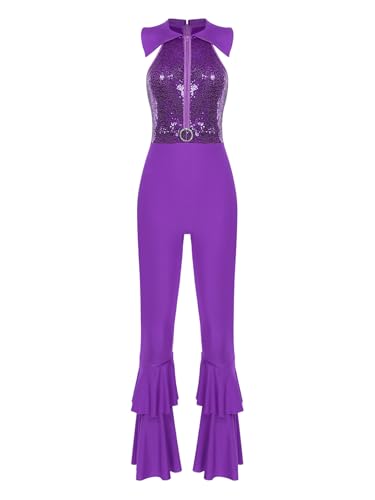 RUNQHUI Damen Kostüm Metallic Body 70er 80er Disco Outfit Glänzend Jumpsuit Schlager Retro Hippe Kostüm Halloween Faschingskostüme Violett L von RUNQHUI