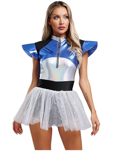 RUNQHUI Damen Kostüm Metallic Glänzend Kleid Flügelärmel Partykleid Tutukleid Halloween Cosplay Mottoparty Outfits in Silber Silber 3XL von RUNQHUI