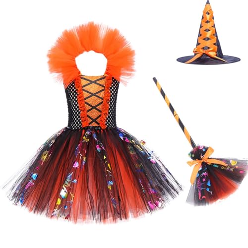 RUNQHUI Hexenkostüm für Mädchen Hexe Kleid Prinzessin Kleid Mit Hexenhut Hexenbesen Hexenkostüm Karneval Faschingskostüm Mottopartykied Orange 134-140 von RUNQHUI