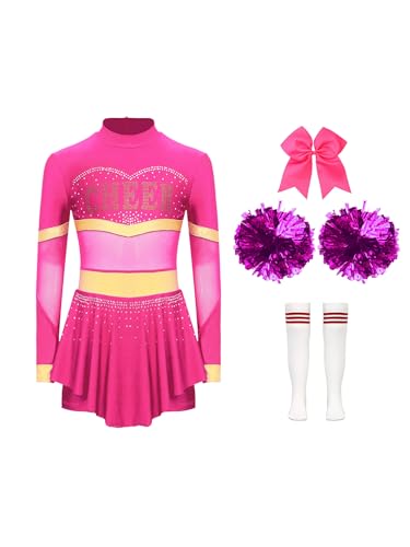 RUNQHUI Kinder Cheer Leader Kostüm Mädchen Langarm Cheerleading Kleid mit Pompoms Harrband Socken Schulmädchen Halloween Cheerleading Outfits Hot Pink A 134-140 von RUNQHUI