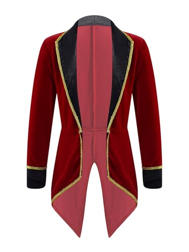 RUNQHUI Kinder Jungen Mädchen Zirkus Ringmaster Jacke Frack Zirkus Uniform Langarm Reverskragen Jacke Halloween Party Festival Karneval Outfit Burgundy 104 von RUNQHUI