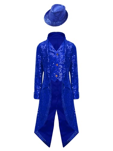 RUNQHUI Kinder Jungen Mittelalter Gothic Mantel Renaissance Steampunk Pailletten Frackjacke mit Hut Set Party Revers Anzug Hip Hop Tanz Performance Königsblau 158-164 von RUNQHUI