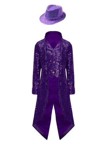 RUNQHUI Kinder Jungen Mittelalter Gothic Mantel Renaissance Steampunk Pailletten Frackjacke mit Hut Set Party Revers Anzug Hip Hop Tanz Performance Violett 110-116 von RUNQHUI