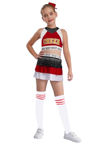 RUNQHUI Mädchen Cheer Leader Kostüm Ärmellos Crop Tops mit Rock Pompoms Socken Halloween Kostüm Karneval Fasching Party Tanzkostüm Rot-Weiss 122-128 von RUNQHUI