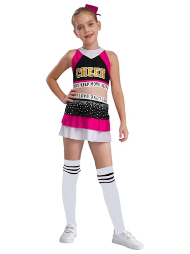 RUNQHUI Mädchen Cheer Leader Kostüm Ärmellos Crop Tops mit Rock Pompoms Socken Halloween Kostüm Karneval Fasching Party Tanzkostüm Schwarz & Hot Pink 110-116 von RUNQHUI