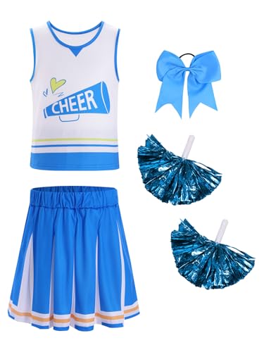 RUNQHUI Mädchen Cheer Leader Outfit mit Zubehör Ärmellos Tank Top Faltenrock Cheerleading Karneval Fasching Party Halloween Schule Kleidung Blau A 110-116 von RUNQHUI