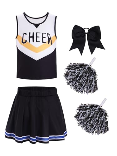 RUNQHUI Mädchen Cheer Leader Outfit mit Zubehör Ärmellos Tank Top Faltenrock Cheerleading Karneval Fasching Party Halloween Schule Kleidung Schwarz 110-116 von RUNQHUI