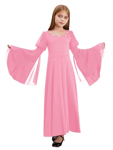 RUNQHUI Mädchen Gothic Kleid mittelalterlichen Renaissance Adels Palast Prinzessin Kleid mit Trompetenärmeln Halloween Karneval Kostüm Rosa 170 von RUNQHUI