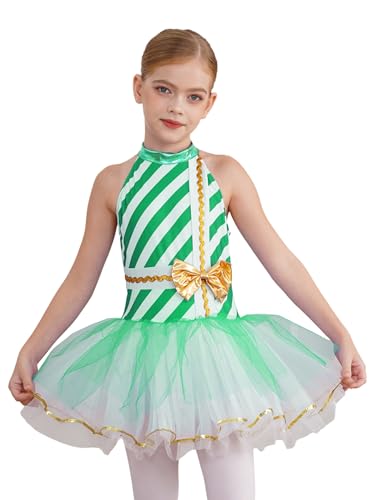 RUNQHUI Mädchen Tutu Kleider Weihnachtskleid Zuckerstange Kostüm Kinder Festlich Ärmellos Ballettkleid Streifen Tanzkleid Prinzessin Partykleid Grün 110-116 von RUNQHUI