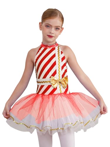 RUNQHUI Mädchen Tutu Kleider Weihnachtskleid Zuckerstange Kostüm Kinder Festlich Ärmellos Ballettkleid Streifen Tanzkleid Prinzessin Partykleid Rot 110-116 von RUNQHUI