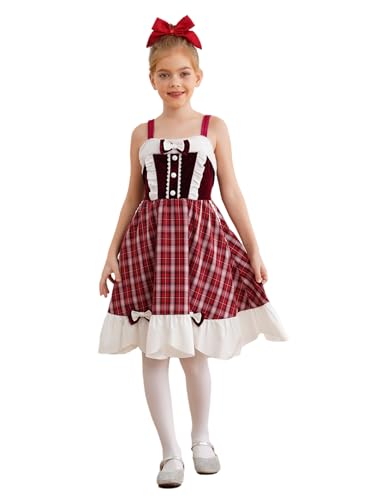 RUNQHUI Mädchen Weihnachten Kariertes Kleid Ärmellos Kariertes Kleid Prinzessin Weihnachten Party Kleid Frühling Herbst Kleidung 5-16 Jahre Burgundy 110-116 von RUNQHUI