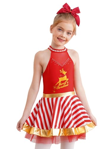 RUNQHUI Mädchen Weihnachten Kostüm Zuckerstange Streifendruck Tutu Ballettkleid Tanzkleid Weihnachtsfeier Party Performance Outfit Rot 146-152 von RUNQHUI