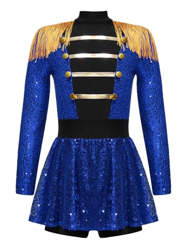 RUNQHUI Mädchen Zirkus Kostüme Langarm Pailletten Tanzkleid Ballettkleid Weihnachtskostüm Ehrengarde Zirkusdirektor Cosplay Fasching Karneval Kostüm Blau 110-116 von RUNQHUI