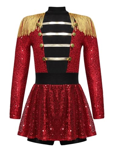 RUNQHUI Mädchen Zirkus Kostüme Langarm Pailletten Tanzkleid Ballettkleid Weihnachtskostüm Ehrengarde Zirkusdirektor Cosplay Fasching Karneval Kostüm Rot 110-116 von RUNQHUI