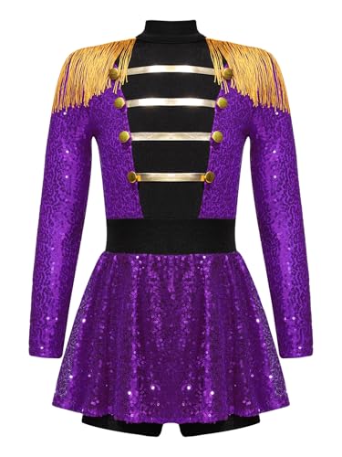 RUNQHUI Mädchen Zirkus Kostüme Langarm Pailletten Tanzkleid Ballettkleid Weihnachtskostüm Ehrengarde Zirkusdirektor Cosplay Fasching Karneval Kostüm Violett 110-116 von RUNQHUI