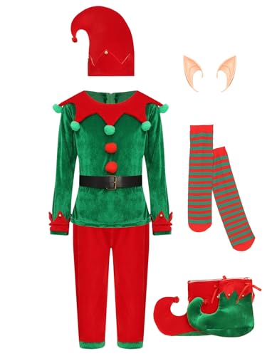 RUNQHUI Unisex Kinder Weihnachten Kostüm Xmas Elf Outfit Weihnachtself Fancy Dress Up 7-tlg Zubehör Elfen-Outfit Set Grün 146-152 von RUNQHUI