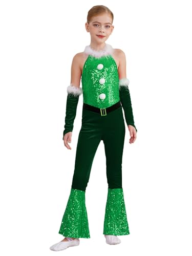 RUNQHUI Weihnachtself Kostüm Mädchen Turnanzug Gymnastikanzug Weihnachten Pailletten Body Overall Jumpsuit Kinder Weihnachten Party Outfits Grün 122-128 von RUNQHUI