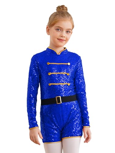 RUNQHUI Zirkus Kostüm Kinder Mädchen Langarm Pailletten Overall Jumpsuit Glitzer Tanzanzug Patchwork Trikot Für Fasching Karneval Königsblau 110-116 von RUNQHUI