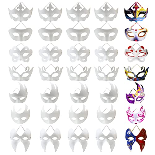 RUSVNO 35 Stück Pappmaché-Kunst-Masken zum Selbermachen, blanko, bemalbare Papiermaske, unlackiert, weiße Maskerade-Maske für Damen, Herren, Karneval, Cosplay, Party, Halloween, Weihnachten von RUSVNO