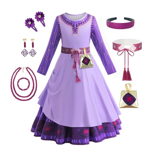 RUXlNRUA Wish Asha Mädchenkostüm, Prinzessinnenkleid, 3–13 Jahre, Kinder-Film, doppellagig, violett, Cosplay-Outfit mit Zubehör-Sets (12–13 Jahre) von RUXINRUA