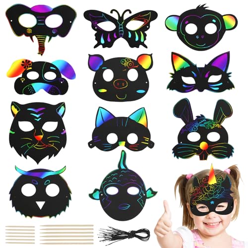 24 Stück Kratzbilder Masken für Kinder, 12 Tiere Scratch Painting Art Masken, Magische Kratzmasken, Regenbogen Kratzpapier Set mit 24 Elastischen Kordeln 12 Holzstiften für Kindergeburtstag Spiele von RVLZKCPG