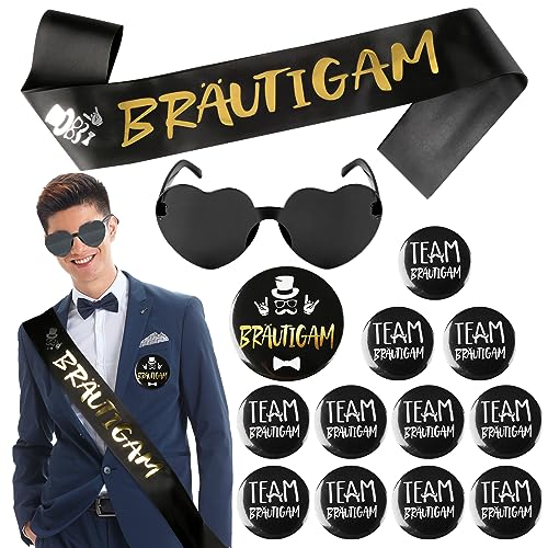 JGA Deko Männer Bräutigam Schärpe Abzeichen Button mit 11 Team Bräutigam Buttons 1 Brille Junggesellenabschied Männer Deko Bachelorette Party Accessoires Abzeichen Mitgebsel Partyzubehör Schwarz Gold von RVLZKCPG