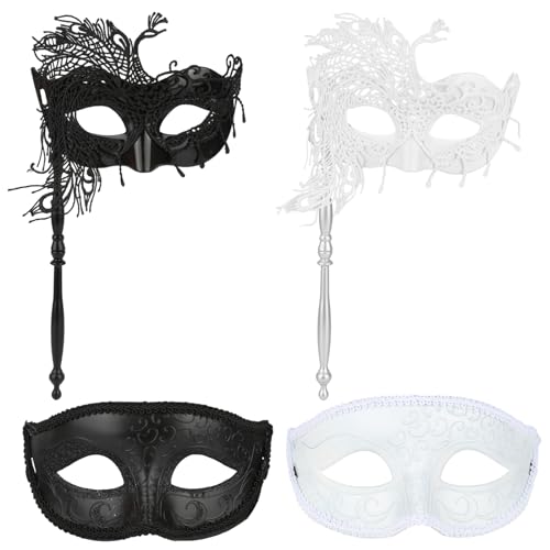 RVLZKCPG 4 Stück Maskerade Maske für Frauen, Weiß und Schwarz Maskerade Maske mit Stab, Maskerade Masken Männer, Maskerade Ball Masken für Paare, Party, Karneval, Halloween, Cosplay, Karneval von RVLZKCPG