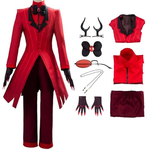 Alastor Cosplay Hazbin Hotel Cosplay Kostüm mit Perücke Brille Halloween Rot Komplettset Unisex Erwachsene (Rot, L) von RWSMGS