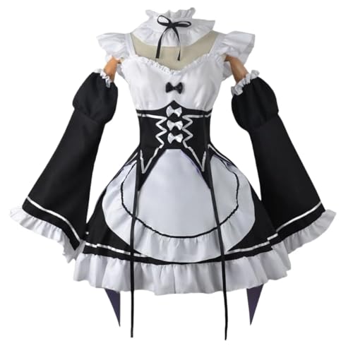 Anime Rem Cosplay Dienstmädchen-Outfit mit Perücke, Handschuhe, Kopfbedeckung, Halloween, Karnevalsparty für Frauen und Mädchen (Rem, L) von RWSMGS