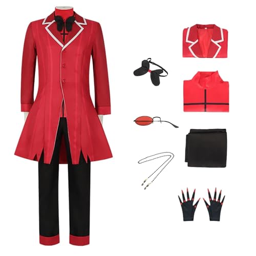 Hazbin Hotel Alastor Cosplay-Kostüm, Dämonen-Cosplay mit Perücke, Brille, Halloween, Rot, komplettes Set, Unisex, Erwachsene (Rot, L) von RWSMGS