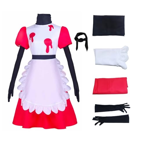 Niffty Hazbin Hotel Cosplay Kostüm Kostüm Outfits mit roter Perücke Handschuhe Schal Halloween Karneval Party Rosa Damen Dienstmädchen Anime Anzug (Rosa, L) von RWSMGS