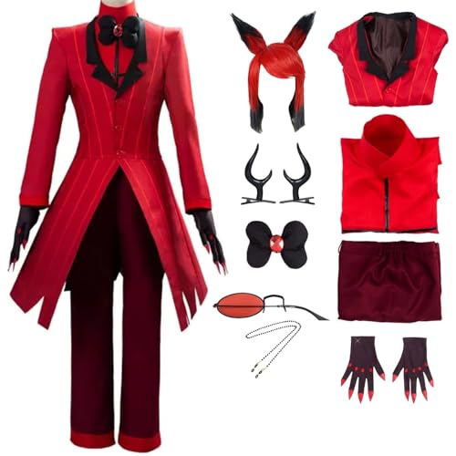 RWSMGS Alastor Cosplay Hazbin Hotel Cosplay Kostüm mit Perücke Brille Halloween Rot Komplettset Unisex Erwachsene (Rot + Perücke, L) von RWSMGS