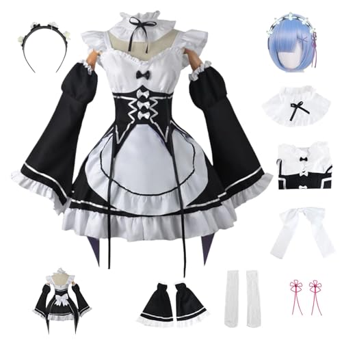 RWSMGS Anime Rem Cosplay Dienstmädchen-Outfit mit Perücke, Handschuhe, Kopfbedeckung, Halloween, Karnevalsparty für Frauen und Mädchen (Rem + blaue Perücke, L) von RWSMGS