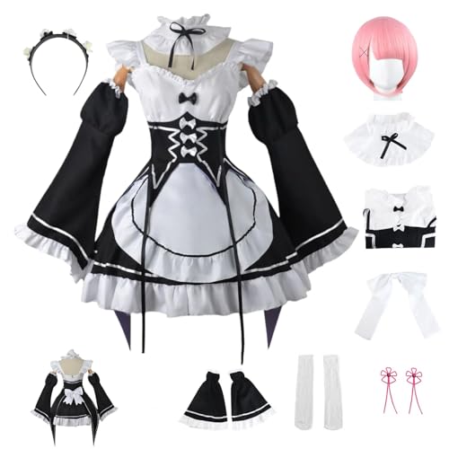 RWSMGS Anime Rem Cosplay Dienstmädchen-Outfit mit Perücke, Handschuhe, Kopfbedeckung, Halloween, Karnevalsparty für Frauen und Mädchen (Rem + rote Perücke, L) von RWSMGS