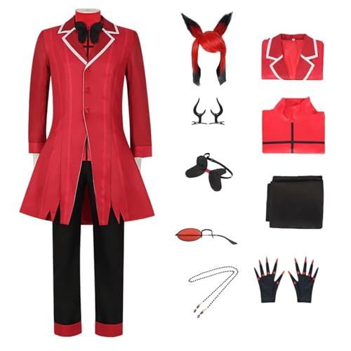 RWSMGS Hazbin Hotel Alastor Cosplay-Kostüm, Dämonen-Cosplay mit Perücke, Brille, Halloween, Rot, komplettes Set, Unisex, Erwachsene (Rot + Perücke, L) von RWSMGS