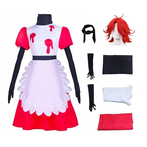 RWSMGS Niffty Hazbin Hotel Cosplay Kostüm Kostüm Outfits mit roter Perücke Handschuhe Schal Halloween Karneval Party Rosa Damen Dienstmädchen Anime Anzug (Rosa+Perücke, L) von RWSMGS