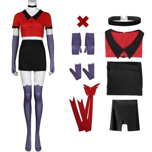 RWSMGS Vaggie Cosplay Costume Hazbin Hotel mit Bowkot, Handschuhen, Top, Rock, Perücke, Komplettset für Frauen zu Halloween (Rot, Large) von RWSMGS